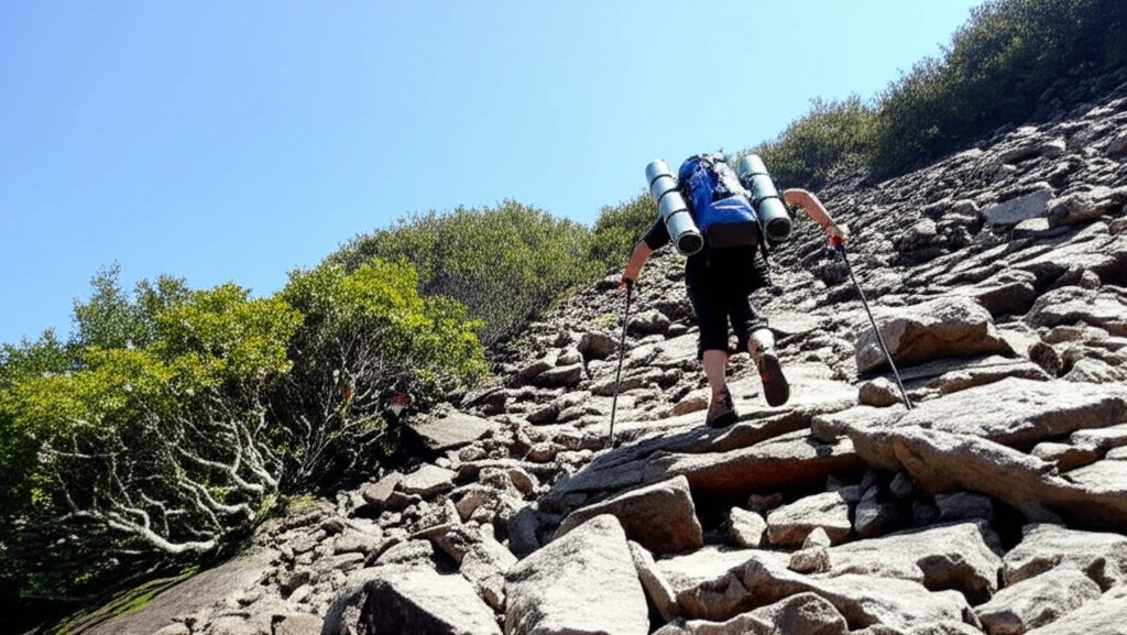 Hiker on a steep, rocky trail